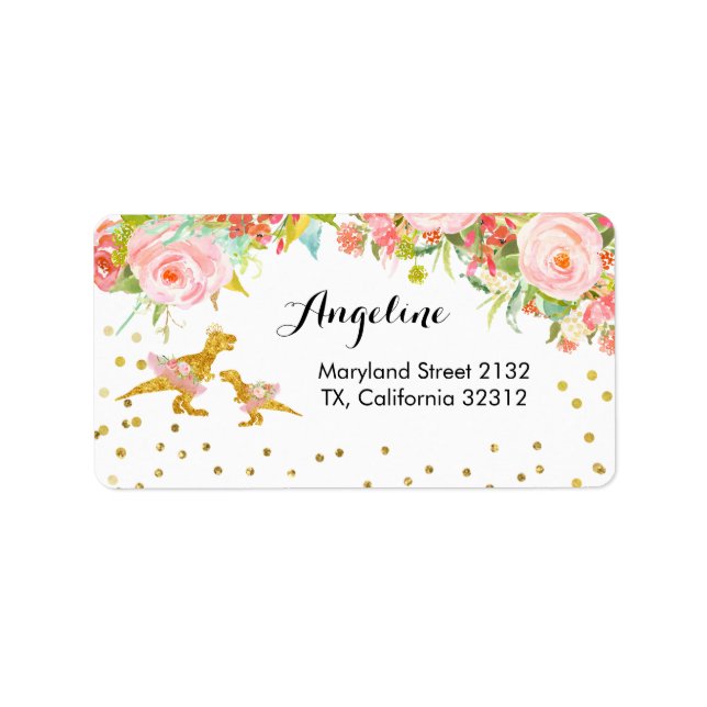 Gold Dino and Pink Flower Address Label (Front)