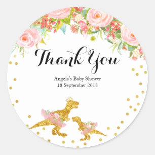 Gold Dino Pink Flower Thank You Sticker
