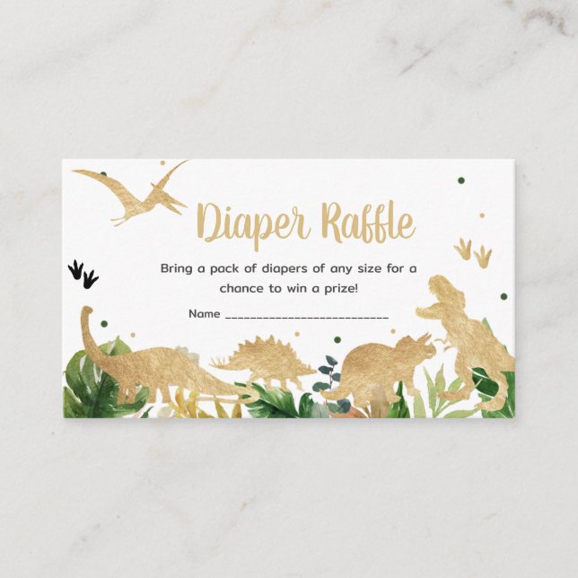 Gold Dinosaur Baby Shower Diaper Raffle Enclosure Card (Front)