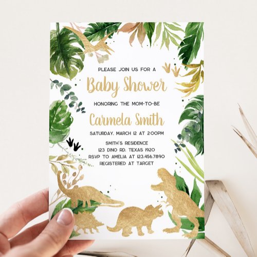 Gold Dinosaur Baby Shower  Invitation