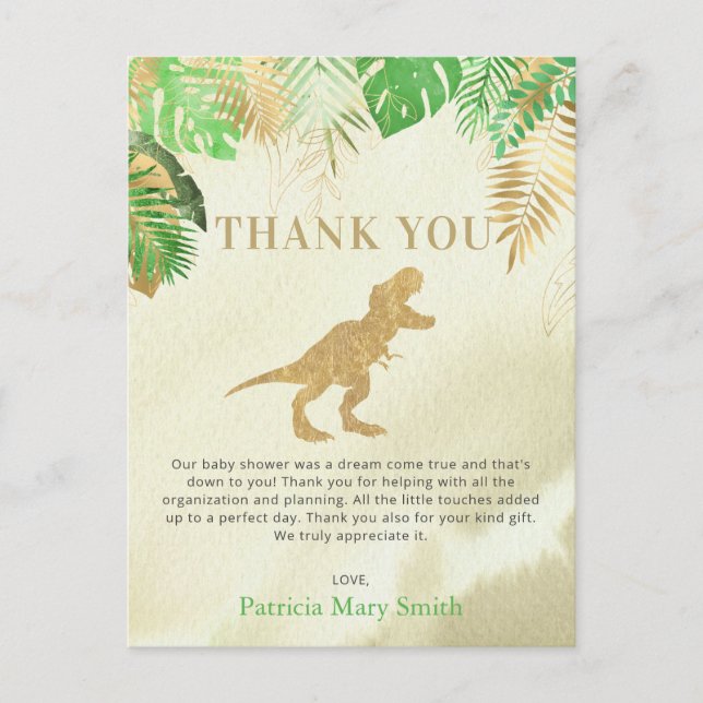 Gold Dinosaur Baby Shower Thank You  Postcard (Front)