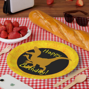 Gold Dinosaur Hide Happy Birthday! Paper Plates