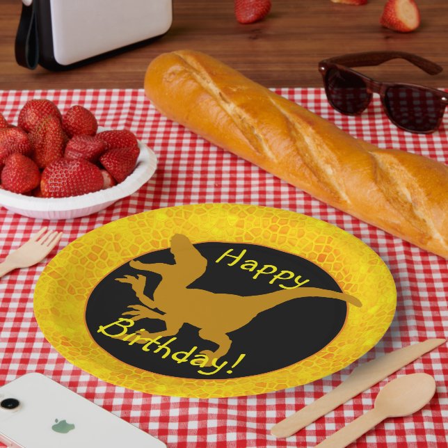 Gold Dinosaur Hide Happy Birthday! Paper Plates (Picnic)