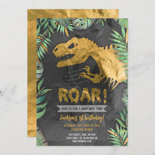 Gold Dinosaur Roar Birthday Invitation