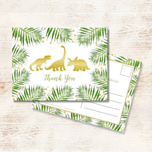Gold Dinosaur Tropical Baby Shower Thank You Postcard