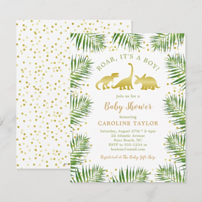 Gold Dinosaur Tropical Greenery Baby Shower Invitation (Front/Back)