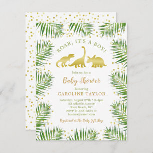 Gold Dinosaur Tropical Greenery Baby Shower Invitation