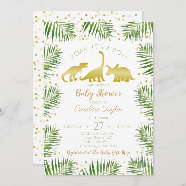 Gold Dinosaur Tropical Greenery Baby Shower Invitation (Front/Back)