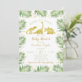 Gold Dinosaur Tropical Greenery Baby Shower Invitation (Standing Front)