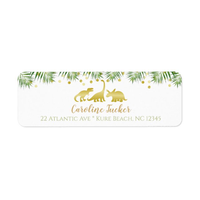 Gold Dinosaur Tropical Greenery Baby Shower Label (Front)
