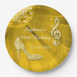 Gold Disco Ball and Heels 100th Birthday Paper Plates