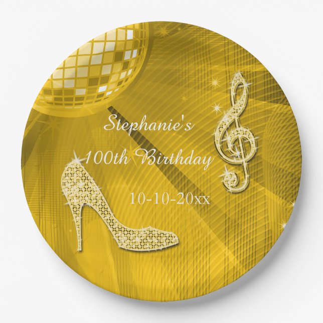 Gold Disco Ball and Heels 100th Birthday Paper Plates (Front)