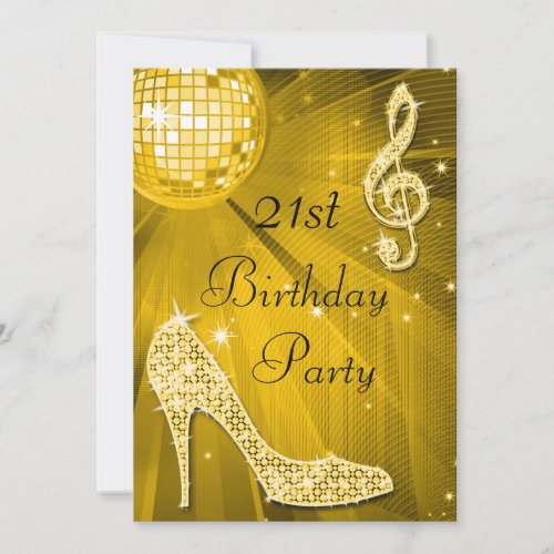 Gold Disco Ball and Heels 21st Birthday Invitation