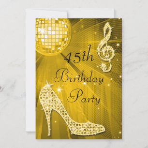 Gold Disco Ball and Heels 45th Birthday Invitation