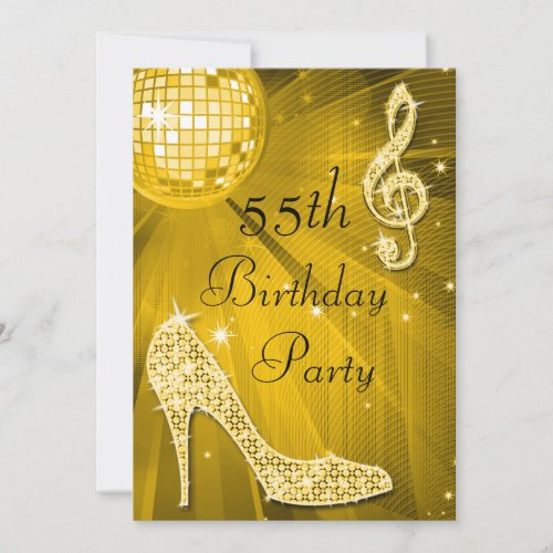 Gold Disco Ball and Heels 55th Birthday Invitation