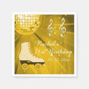 Gold Disco Ball and Roller Skates 21st Birthday Napkins