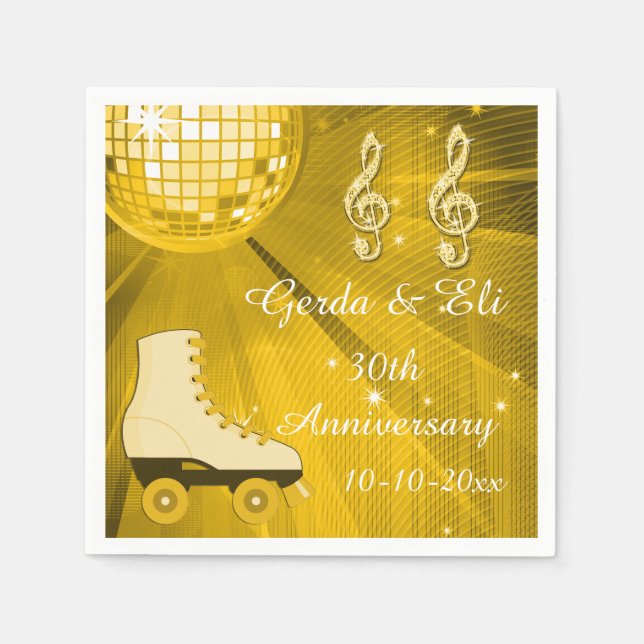 Gold Disco Ball and Roller Skates 30th Anniversary Paper Napkins (Front)