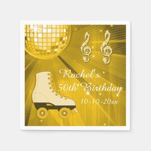 Gold Disco Ball and Roller Skates 50th Birthday Paper Napkins