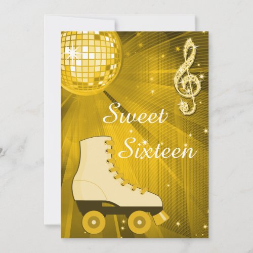 Gold Disco Ball and Roller Skates Sweet Sixteen Invitation