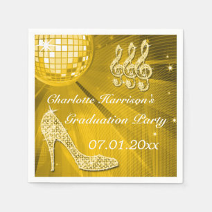 Gold Disco Ball and Sparkle Heels Graduation Paper Napkins