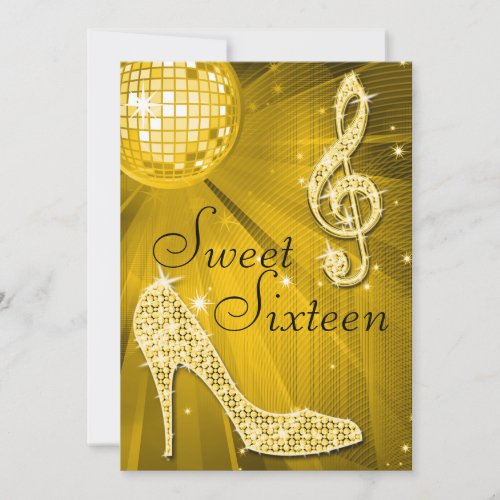 Gold Disco Ball and Sparkle Heels Sweet 16 Invitation