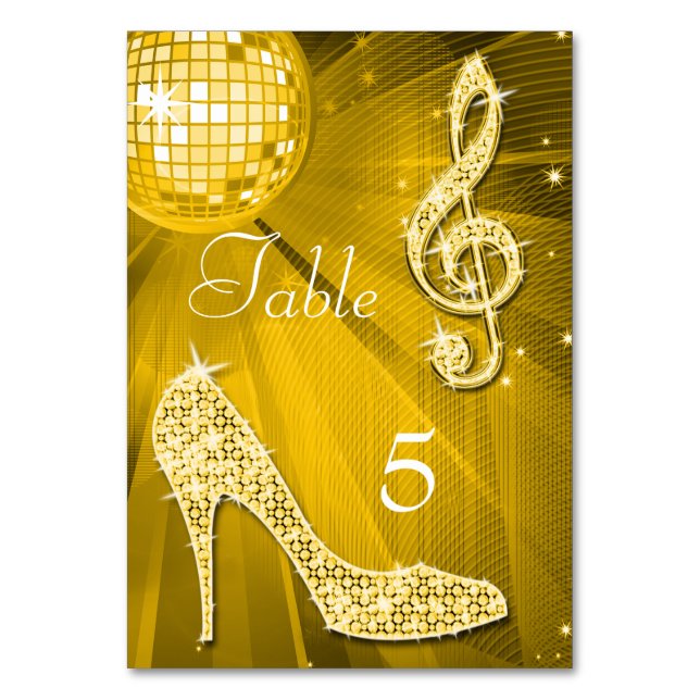 Gold Disco Ball and Stiletto Shoe Double Sided Table Number (Back)