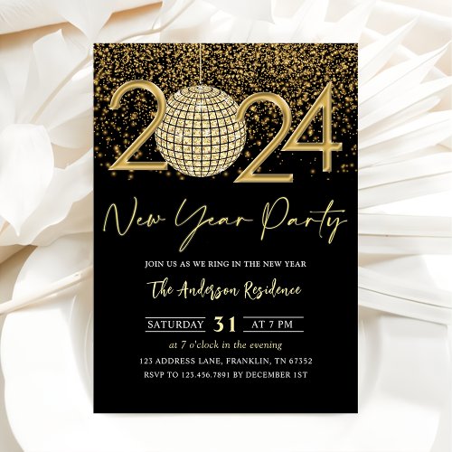 Gold Disco Ball Cheers New Years Eve Party 2024 Invitation