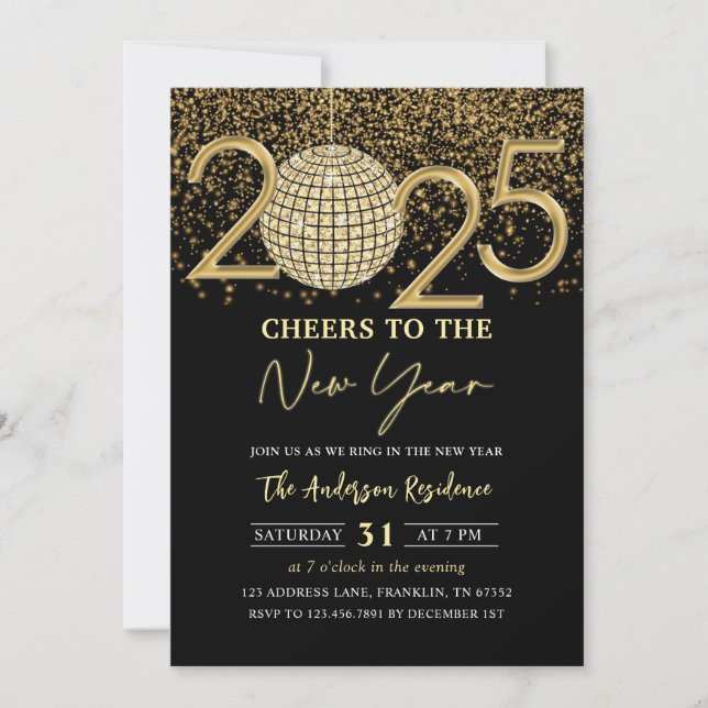 Gold Disco Ball Cheers New Years Eve Party 2025 Invitation (Front)