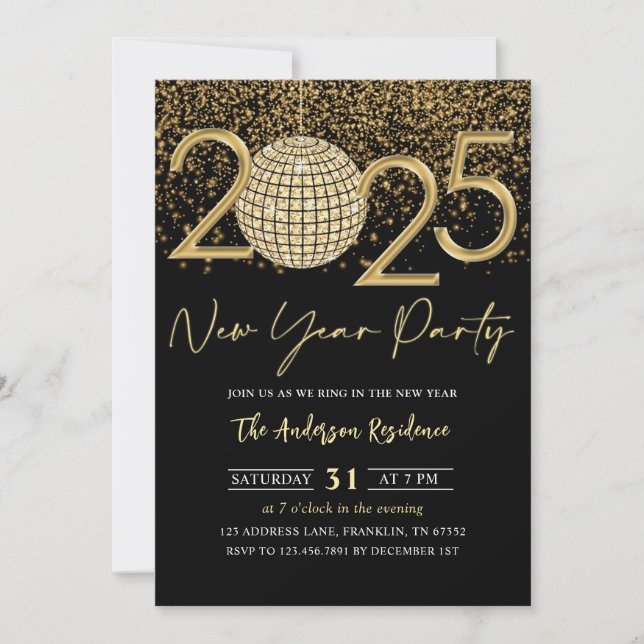 Gold Disco Ball Cheers New Years Eve Party 2025 Invitation (Front)