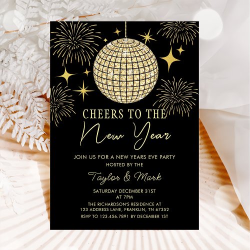 Gold Disco Ball Cheers New Years Eve Party Invitation