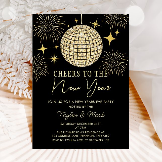 Gold Disco Ball Cheers New Years Eve Party Invitation (Creator Uploaded)