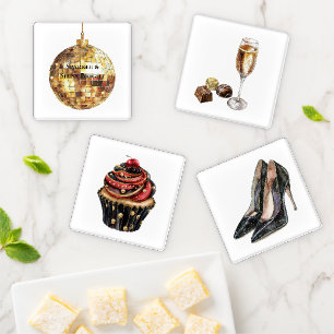 Gold Disco Ball Cupcake Heels Birthday Coaster Set
