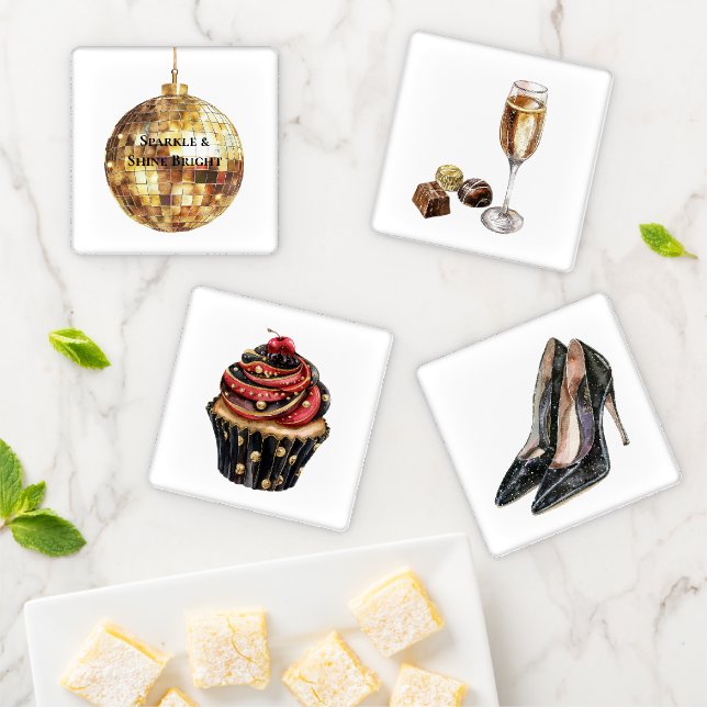 Gold Disco Ball Cupcake Heels Birthday Coaster Set (In Situ)