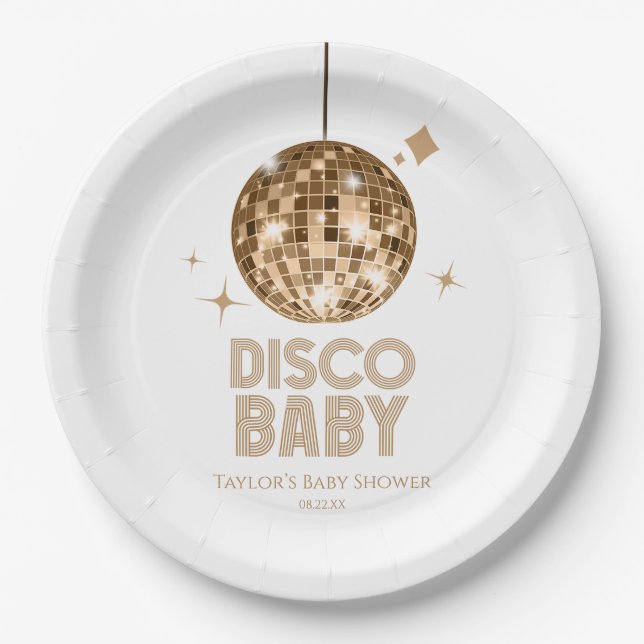 Gold Disco Ball 'Disco Baby' Baby Shower Paper Plates (Front)