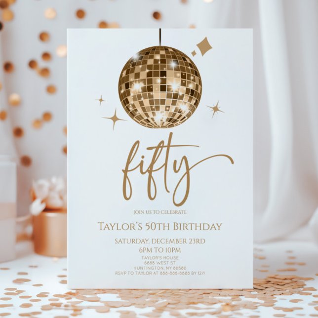 Gold Disco Ball Fifty 50th Birthday Party Invitation (Creator Uploaded)