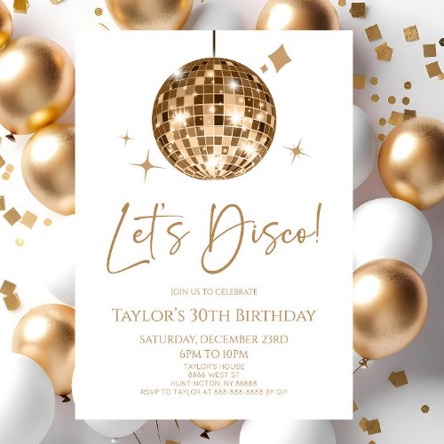 Gold Disco Ball Lets Disco Birthday Party Invitation