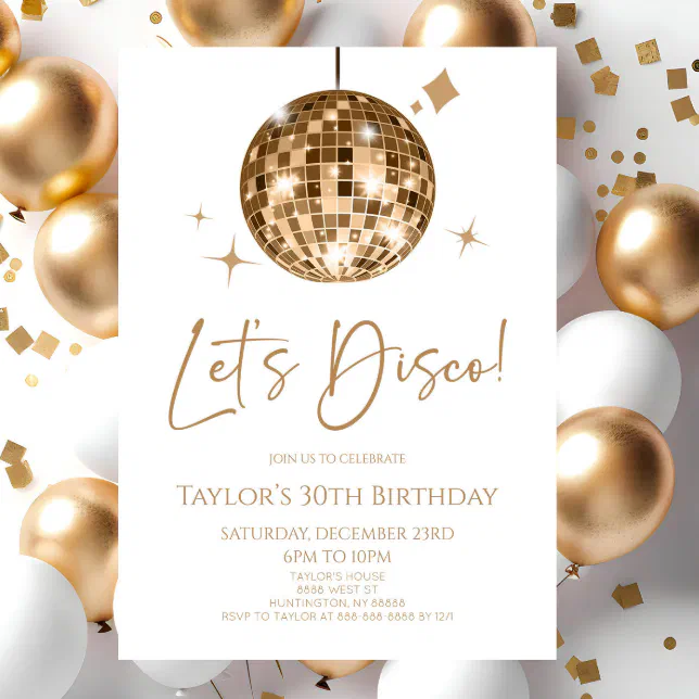 Gold Disco Ball Let's Disco Birthday Party Invitation 