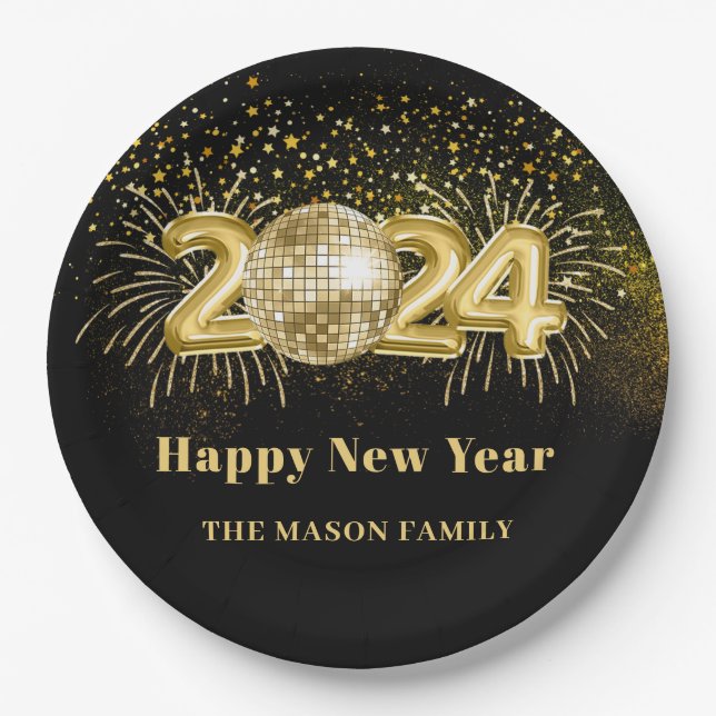 Gold Disco Ball New Years Eve Party Paper Plates (Front)