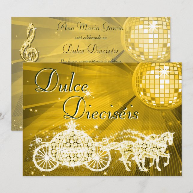 Gold Disco Ball, Princess Coach & Horses Sweet 16 Invitation (Front/Back)