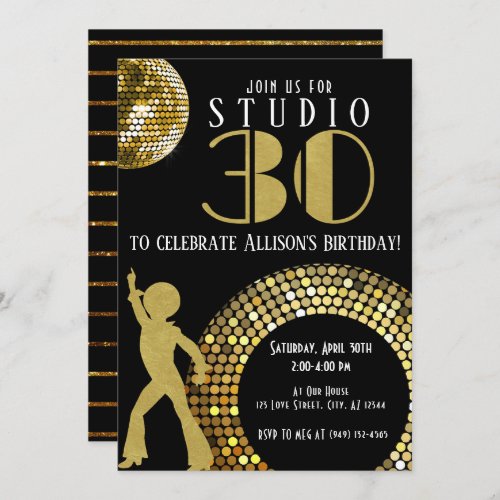 Gold Disco Ball Studio 54 Party 30th Birthday Invitation