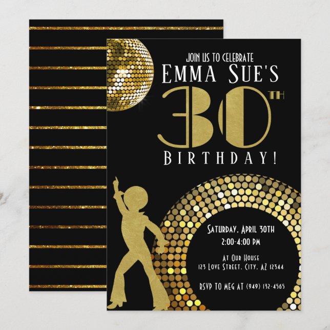 Gold Disco Ball Studio 54 Party 30th Birthday Invitation (Front/Back)