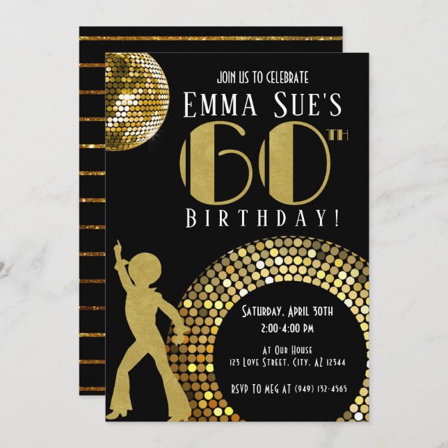 Gold Disco Ball Studio 54 Party 60th Birthday Invitation (Front/Back)