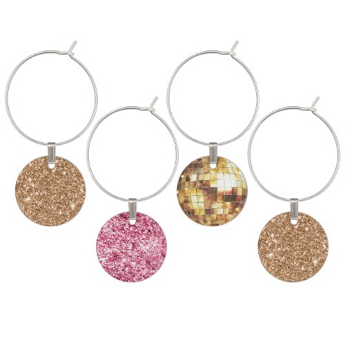 Gold Disco Balls Pink Glitter Wine Charm