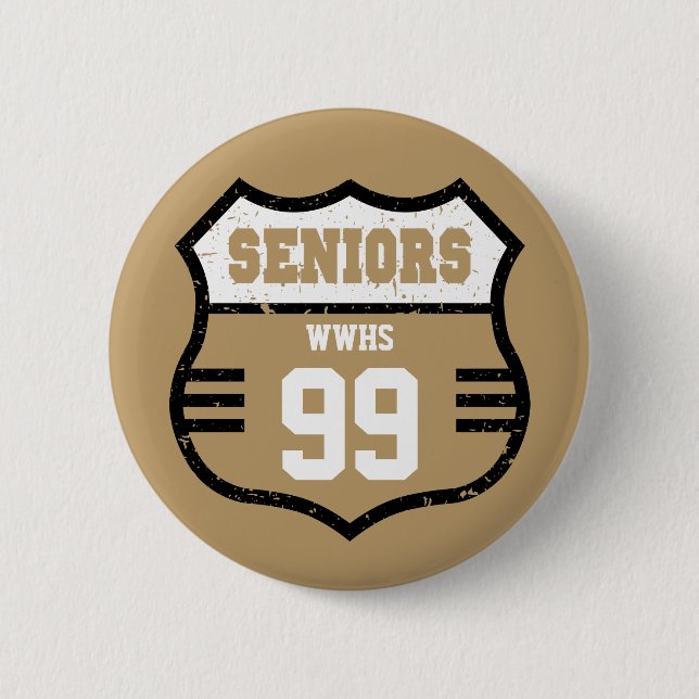 Gold Distressed Seniors Road Sign Button (Front)