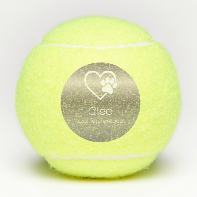 Gold Dog Name Tennis Ball 'toss, fetch, repeat' (Front)
