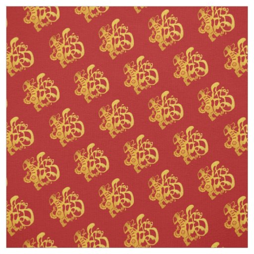 Gold Dog Papercut Chinese New Year Zodiac Fabric