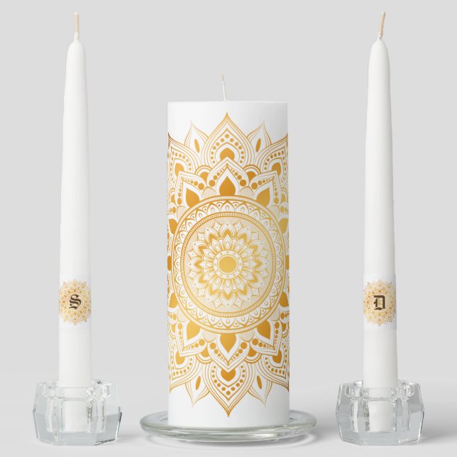 Gold Doilies Monogram Initials  Unity Candle Set (Front)