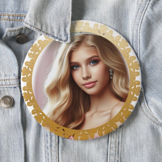 Gold Doily Frame Design Custom Pinback Photo Button (In Situ)