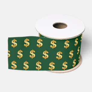 Gold Dollar Signs On Green Grosgrain Ribbon