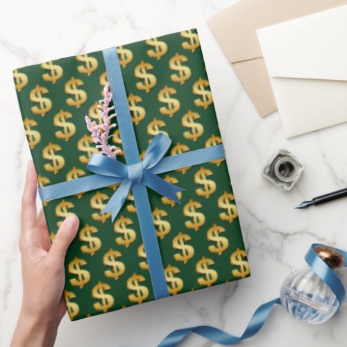 Gold Dollar Signs On Green Wrapping Paper